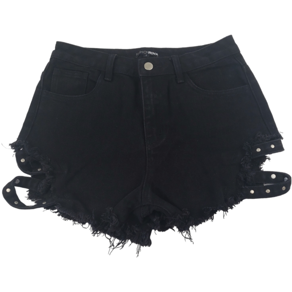 Fashion Nova Shorts Size 3 in Black with Side Straps/Stud Detail